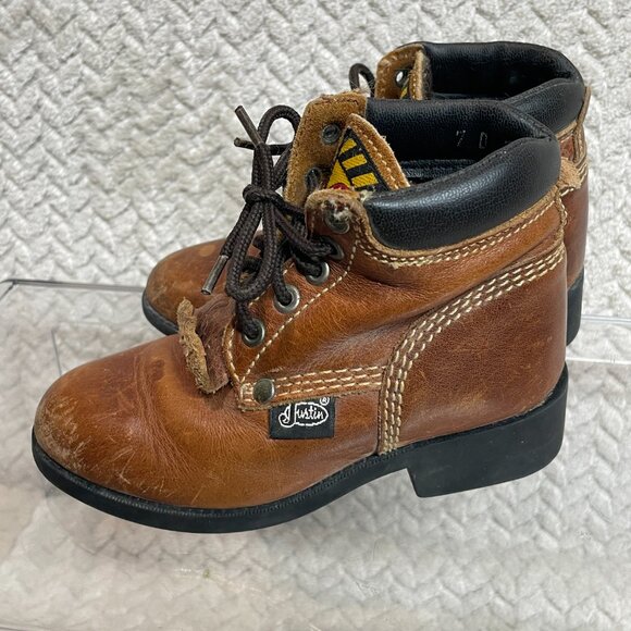 Justin Boots Kids Brown Leather Kiltie Lace Up Toddler Western Boots 7D - Picture 3 of 10
